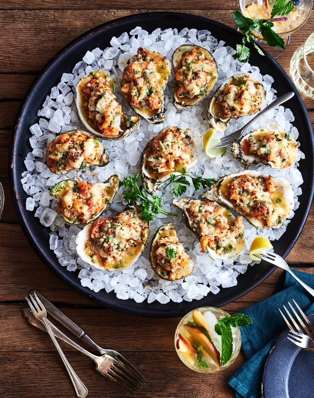 Gulf oysters roasted and served on ice